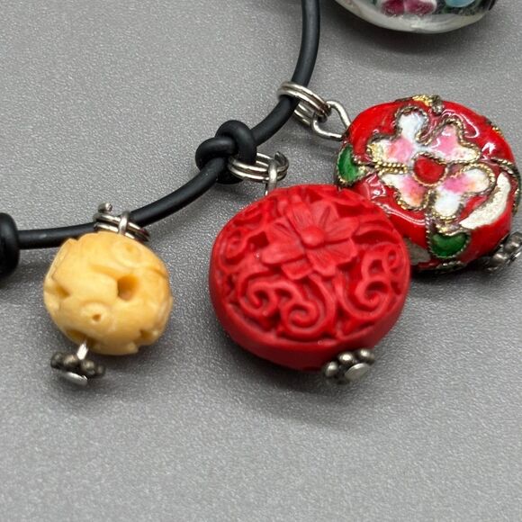 Asian Inspired Charm Bracelet Cloisonné Bone Dice Resin Cinnabar Glass Coin '70s - Picture 9 of 12